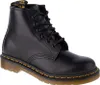 A black leather boot with black laces and yellow stitching on the sole. Voir les images du produit