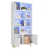 A white bookshelf with LED lighting, displaying books and decorative items. The bottom section has two closed cabinets and two open compartments with boxes. Produktbild-Vorschau