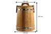 A wooden barrel with metal bands and a lid, shown in a studio setting with dimensions indicated. Produktbild-Vorschau