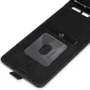 A close-up, angled view of an open black flip-style phone case, showing the interior with a clear window and a card slot. Produktbild-Vorschau