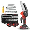 A collection of items for a mini chainsaw kit, including the chainsaw, batteries, chains, guide bars, and a screwdriver, all laid out on a white background. Podgląd zdjęcia produktu