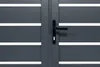 A close-up view of a gray double-leaf gate with horizontal white stripes and a black handle with a keyhole. Produktbild-Vorschau