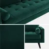 Collage of a green velvet sofa, showing different angles and close-ups of the fabric and tufted design. Produktbild-Vorschau