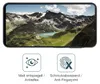 A smartphone screen displaying a mountain landscape, with two icons and text below describing product features. Produktbild-Vorschau