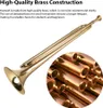 A brass trumpet is shown with a close-up inset of brass tubing. Text describes the high-quality brass construction. Produktbild-Vorschau