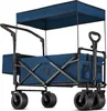A blue folding wagon with a canopy, shown from a diagonal angle against a white background. Voir les images du produit