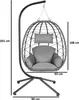 A hanging egg chair with dimensions indicated by text overlays. Produktbild-Vorschau