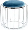A close-up studio shot of a round pouf with a blue velvet cushion and a chrome wire frame base. Produktbild-Vorschau