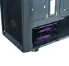 Close-up view of the interior of a computer case, highlighting the drive bay area with purple arrows indicating movement. Produktbild-Vorschau