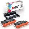 A product shot of printer toner cartridges and a drum unit, with the product packaging in the background. Produktbild-Vorschau