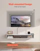 A wall-mounted TV stand with a TV mounted above it, showcasing different TV sizes and the product's features. Voir les images du produit