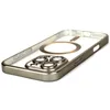 A close-up, angled view of a clear phone case with a titanium-colored frame, designed for an iPhone 16 Pro Max, featuring a MagSafe ring and camera protection. Produktbild-Vorschau