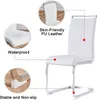 A white dining chair with a metal frame, shown with callouts highlighting its features. Produktbild-Vorschau