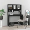 A black desk with a hutch, a chair, and a plant in a room. Produktbild-Vorschau
