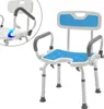 A shower chair with armrests and a backrest, shown from the front. Produktbild-Vorschau