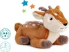 A plush toy deer with a star projector on its back, set against a white background. Small icons indicating features are present on the left. Produktbild-Vorschau