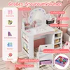 A child's vanity table with various accessories and storage compartments, presented with descriptive text overlays highlighting its features. Náhled obrázku produktu
