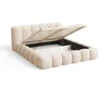 A beige upholstered bed frame with its storage mechanism open, revealing the slatted base and storage compartment. Voir les images du produit