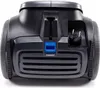 The back of a black vacuum cleaner with a blue button and a power plug. Produktbild-Vorschau