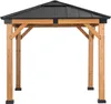 A wooden gazebo with a black metal roof, shown from the front on a white background. Produktbild-Vorschau