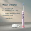 A pink electric toothbrush and its accessories are displayed against a gradient background, with text listing the contents of the package. Anteprima dell’immagine prodotto