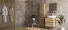 A modern bathroom with wooden accents, featuring a vanity with a sink, a tall cabinet, a shower, and two bathrobes hanging on the wall. Náhled obrázku produktu