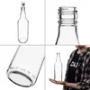 A collage of four images showing a clear glass bottle from different angles, including a close-up of the cap and neck, the base with markings, and a person holding the bottle. Produktbild-Vorschau