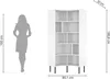 A silhouette of a person stands next to a white corner bookshelf with black legs, with dimensions indicated by lines and text. Produktbild-Vorschau