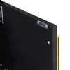 A close-up view of the back corner of a black TV cabinet, showing mounting hardware and a gold trim. Produktbild-Vorschau