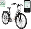 A white and orange Zündapp Z510 e-bike is shown against a white background, with a smartphone displaying a map and app interface positioned to the right. Produktbild-Vorschau