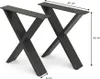 Two black metal table legs in an X-shape are shown against a white background with dimensions indicated. Anteprima dell’immagine prodotto