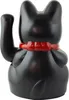 A black Maneki-neko cat figurine with a red collar, shown from the back. Produktbild-Vorschau