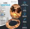 A toilet seat with a tropical sunset and palm tree design, displayed open with accompanying marketing text and icons. Náhled obrázku produktu