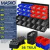 A wall-mounted organizer with multiple bins filled with hardware, along with stacked bins in the foreground. Produktbild-Vorschau