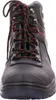 A close-up, front view of a black work boot with red and black laces. Produktbild-Vorschau