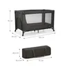 A travel crib and its carrying case are shown with dimensions indicated by measurement lines and text. Náhled obrázku produktu