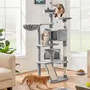 A multi-level cat tree with two cats interacting with it, placed in a well-lit room with large windows. Produktbild-Vorschau