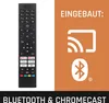 A remote control is shown next to marketing graphics indicating built-in Bluetooth and Chromecast. Produktbild-Vorschau