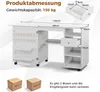 A white sewing cabinet with dimensions and features highlighted. Voir les images du produit
