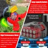 A collage of images showing a red grass trimmer, a battery pack, and marketing text highlighting features. Produktbild-Vorschau