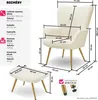 A collage of images showing a cream-colored armchair and ottoman with measurement details and specifications. Náhled obrázku produktu