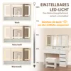 A diagram showing different LED light color temperatures for a vanity table, with a small image of the vanity table itself on the right. Produktbild-Vorschau
