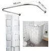 A collage showing a U-shaped shower curtain rod and a shower curtain in use in a bathroom. Produktbild-Vorschau