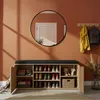 A shoe cabinet with a bench seat in a hallway with a mirror and coat hooks. Náhľad obrázku produktu