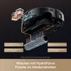 A cutaway diagram of a robot vacuum cleaner showing its internal cleaning mechanisms and water flow system, with accompanying feature descriptions. Produktbild-Vorschau