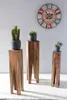 Three wooden plant stands of varying heights are arranged in a row, each holding a potted plant. A decorative clock hangs on the wall behind them. Náhled obrázku produktu