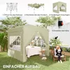 A woman sits in a chair next to a beige pop-up gazebo set up in a backyard. The gazebo is set up with a table and chairs inside, and there are plants and a wall in the background. The image also includes diagrams showing how to set up the gazebo. Náhled obrázku produktu