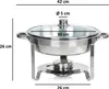 A stainless steel chafing dish with a glass lid, shown with dimensions indicated by lines and text. Anteprima dell’immagine prodotto