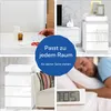 A collage of four images showing a white nightstand in different settings: with medicine, next to a TV, next to a sofa, and next to a sleeping person with a digital clock. Produktbild-Vorschau