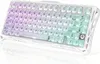 A white mechanical keyboard with translucent keycaps that display a gradient of purple and green lighting, set against a white background. Produktbild-Vorschau